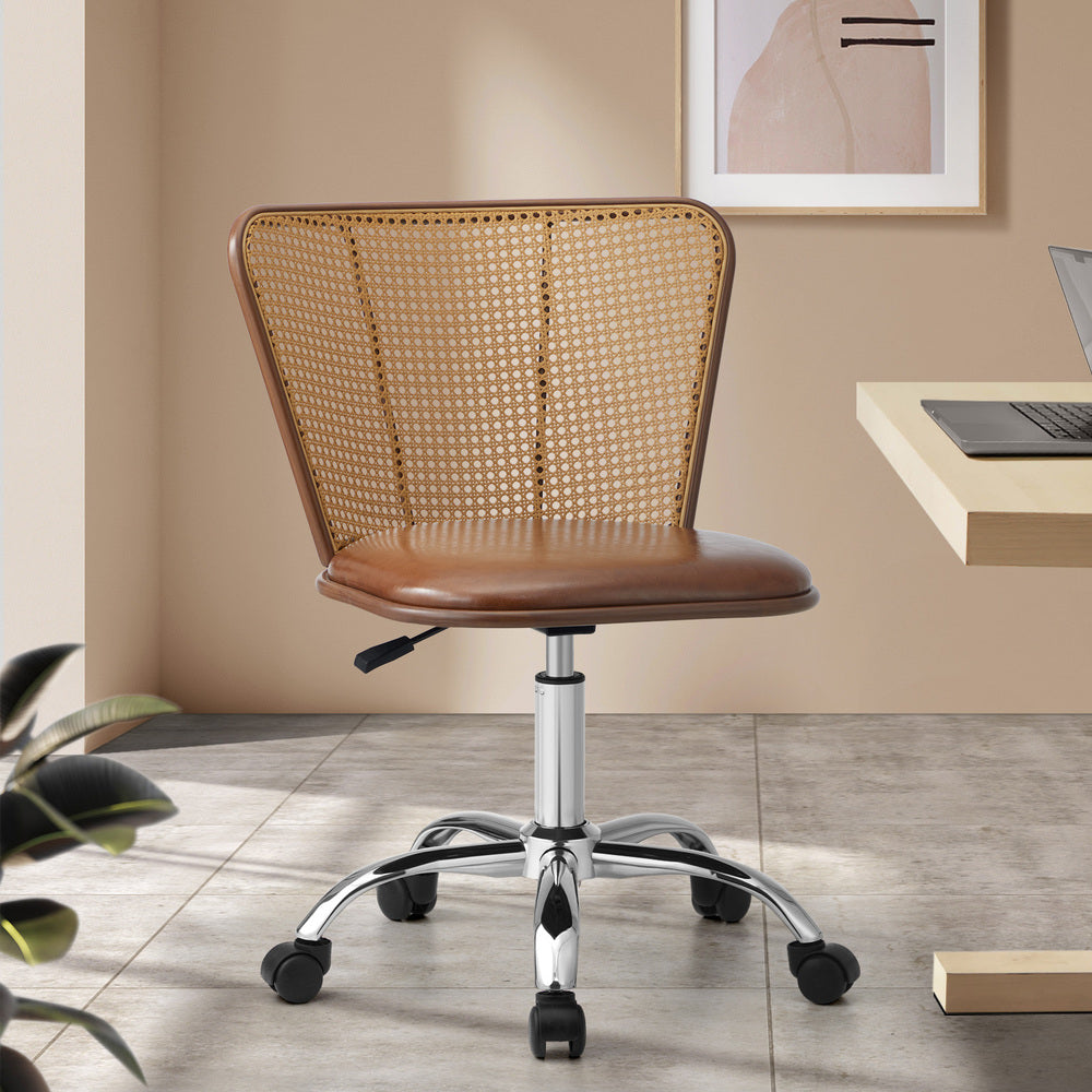 Rattan Office Chair PU Leather Seat Dark Brown