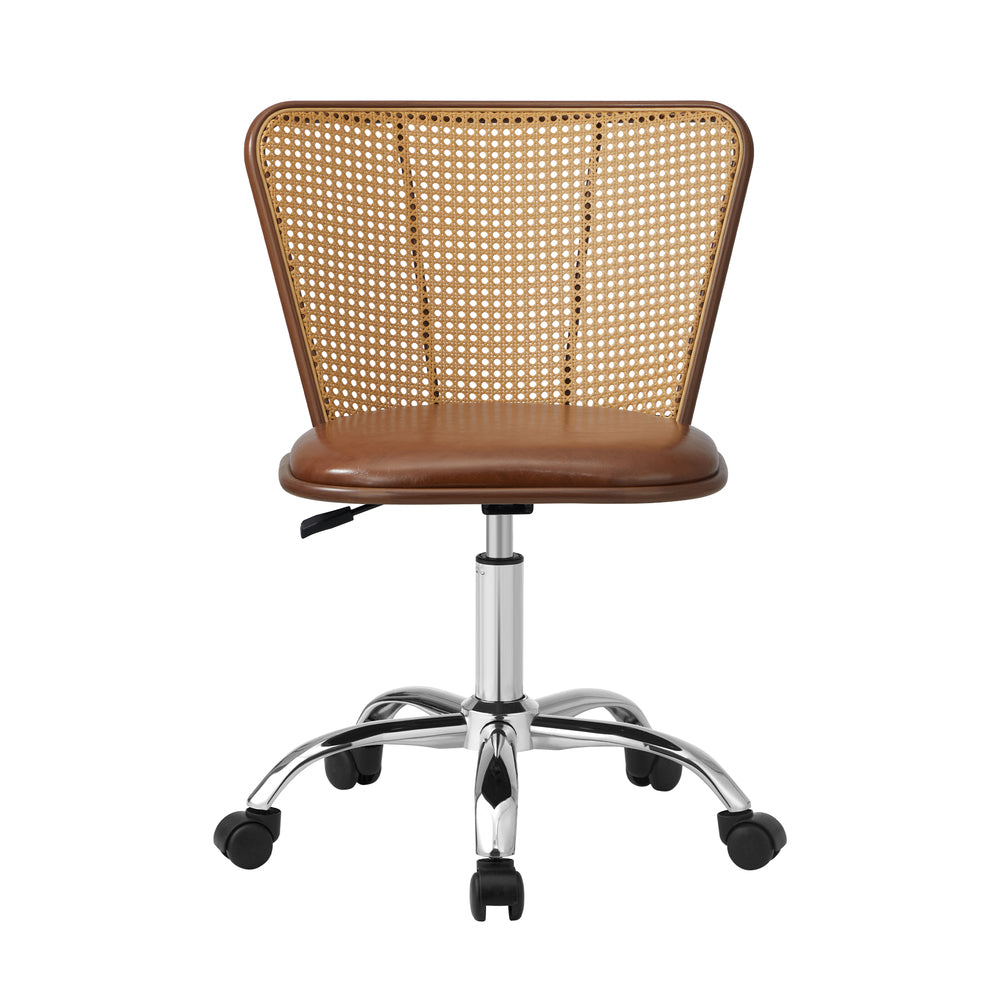 Rattan Office Chair PU Leather Seat Dark Brown