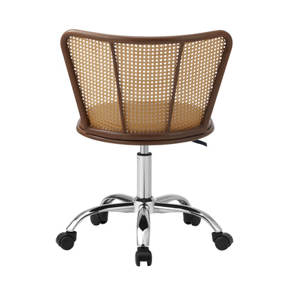 Rattan Office Chair PU Leather Seat Dark Brown