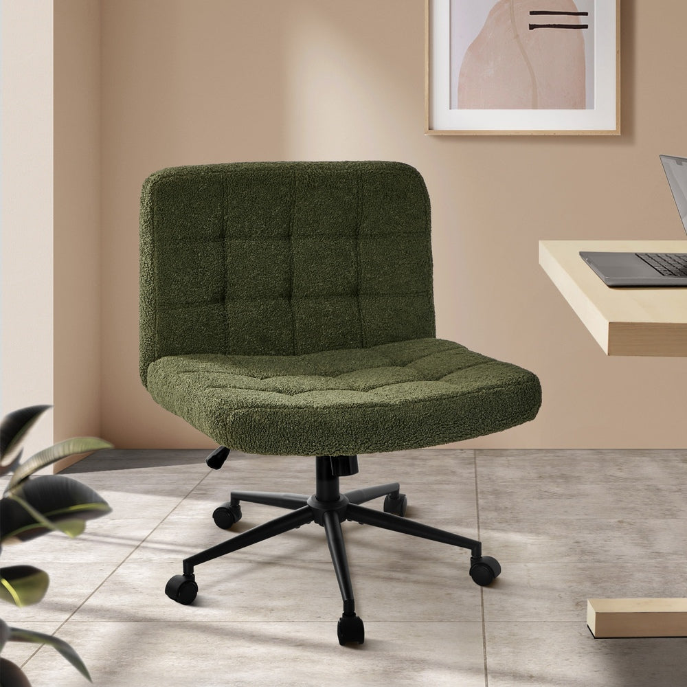 Mid Back Armless Office Chair Wide Boucle Green Swivel Desk Chair With Wheels