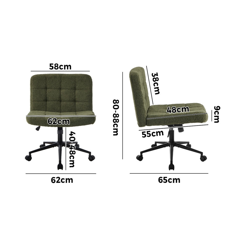Mid Back Armless Office Chair Wide Boucle Green Swivel Desk Chair With Wheels