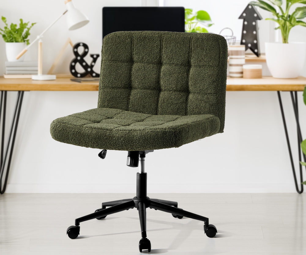 Mid Back Armless Office Chair Wide Boucle Green Swivel Desk Chair With Wheels