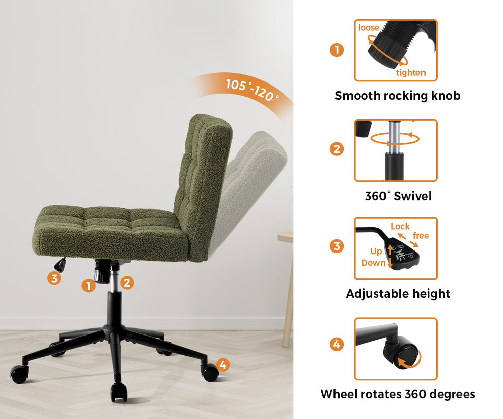 Mid Back Armless Office Chair Wide Boucle Green Swivel Desk Chair With Wheels