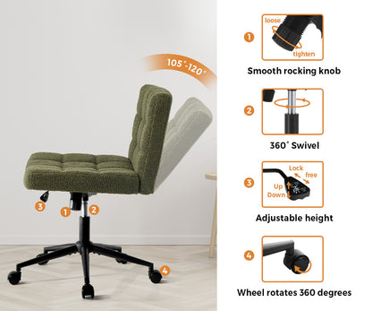 Mid Back Armless Office Chair Wide Boucle Green Swivel Desk Chair With Wheels