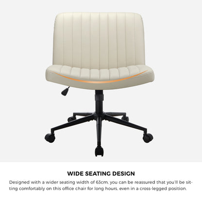 Mid Back Office Chair Wide Seat with Wheels Leather Beige