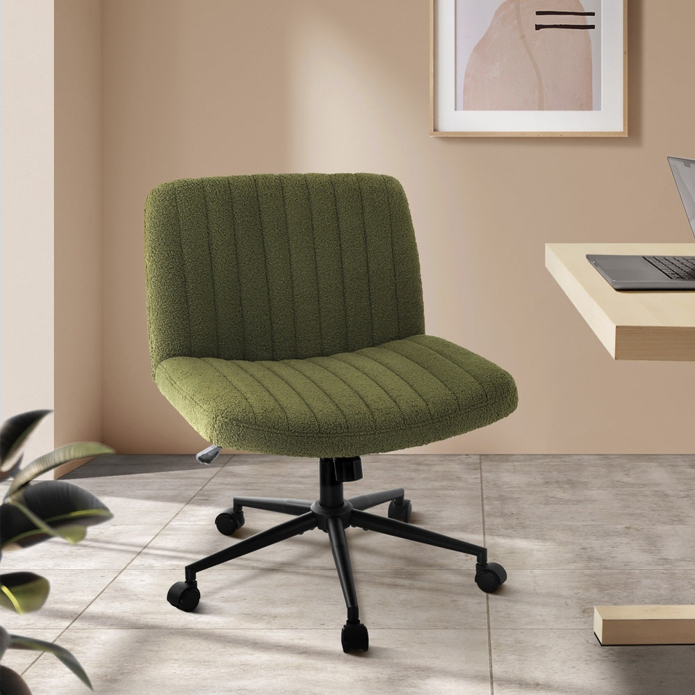 Mid Back Armless Office Chair Wide Seat with Wheels Sherpa Green