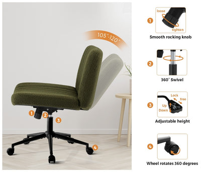 Mid Back Armless Office Chair Wide Seat with Wheels Sherpa Green