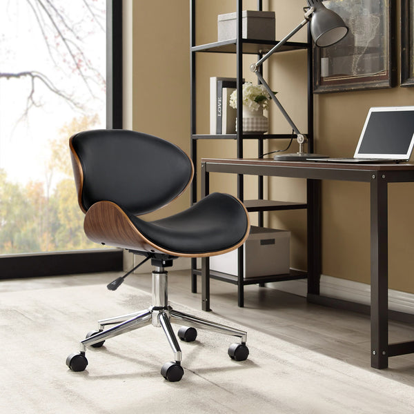  Wooden Office Chair Leather Seat Black And Brown