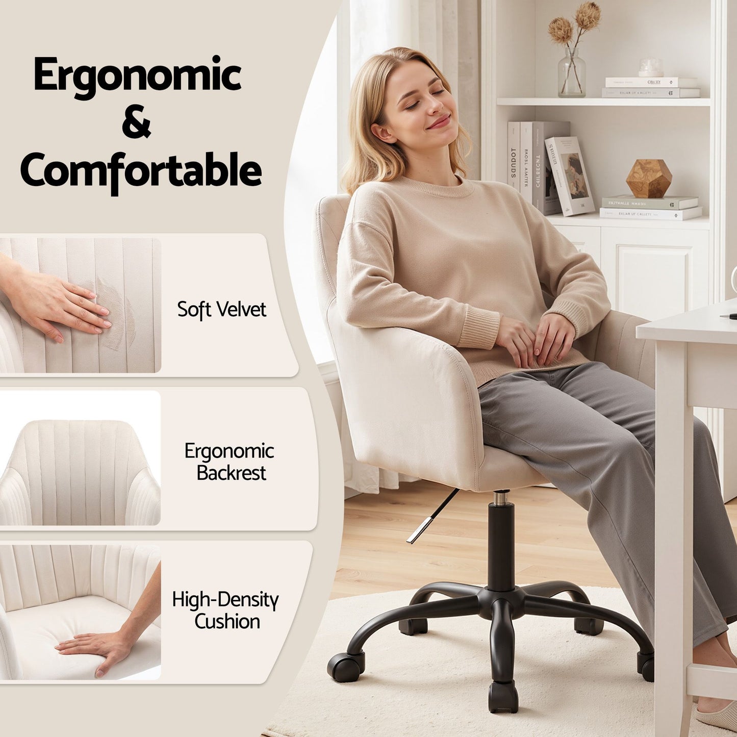 Office Chair Velvet Seat Cream/Dark Grey
