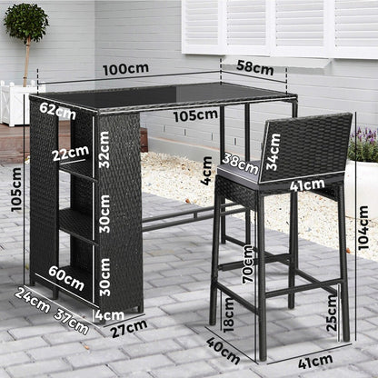 Outdoor Bar Table Dining Chairs Stools Set Rattan Patio Furniture 3 Piece
