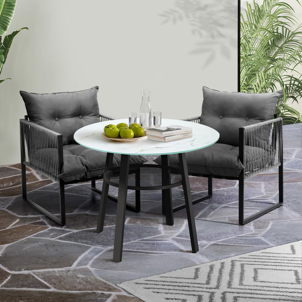  3PCS Outdoor Dining Set Round Table PE Wicker Chairs