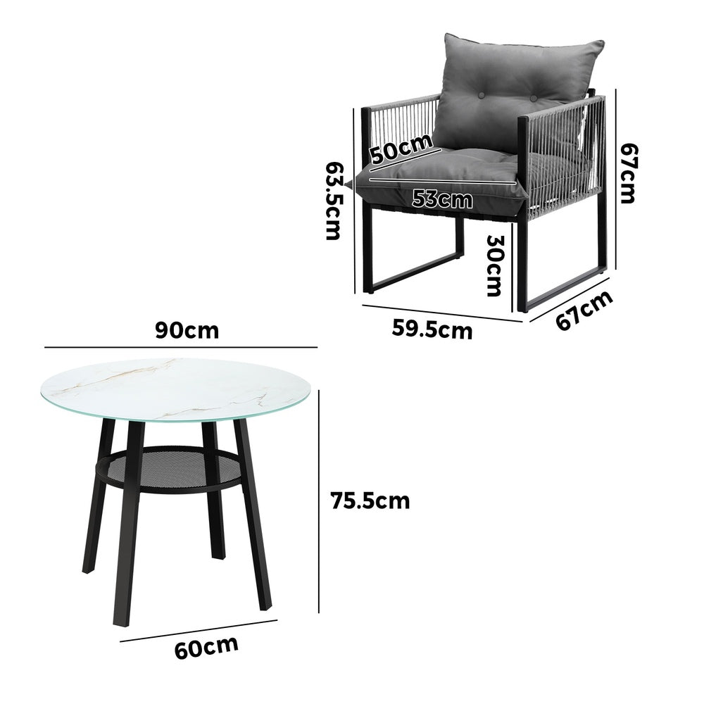 3PCS Outdoor Dining Set Round Table PE Wicker Chairs