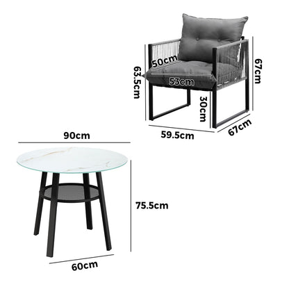 3PCS Outdoor Dining Set Round Table PE Wicker Chairs