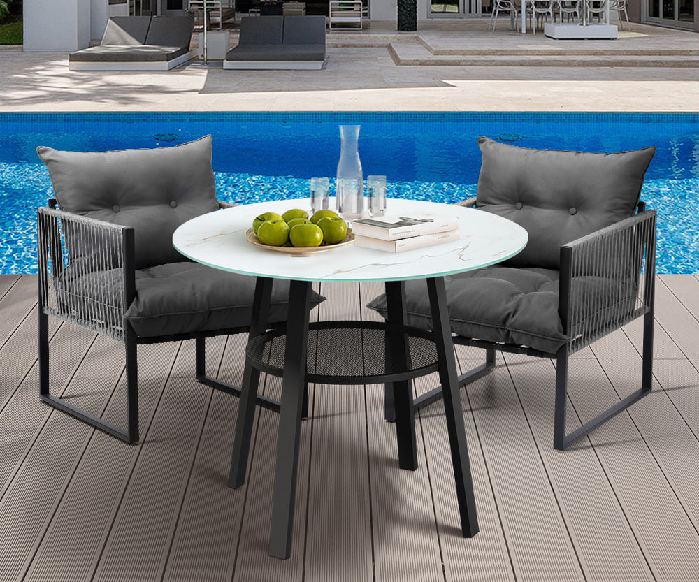 3PCS Outdoor Dining Set Round Table PE Wicker Chairs
