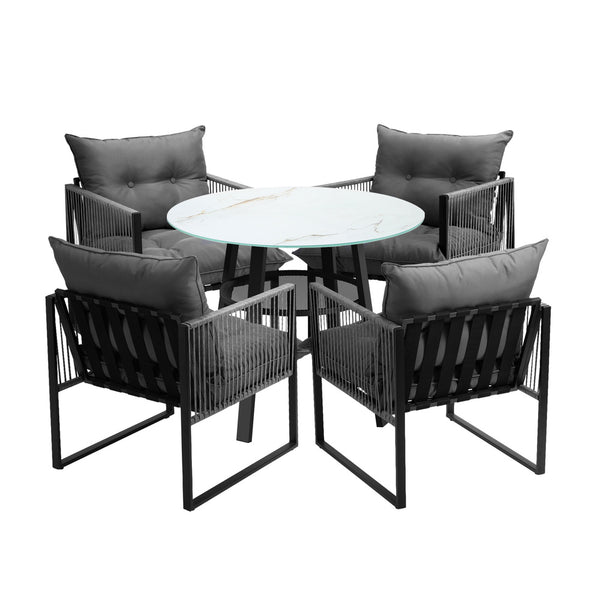  5PCS Outdoor Dining Set Round Table PE Wicker Chairs