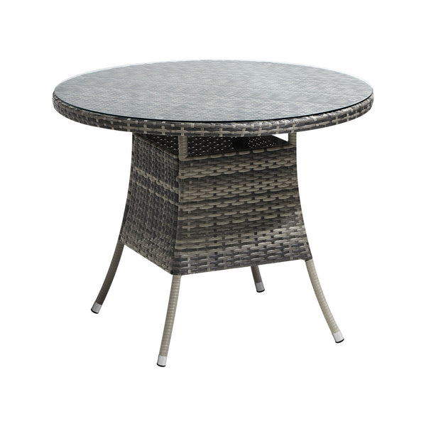  90CM Outdoor Dining Table Round Rattan Glass Table Patio Furniture Grey