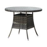 90CM Outdoor Dining Table Round Rattan Glass Table Patio Furniture Grey