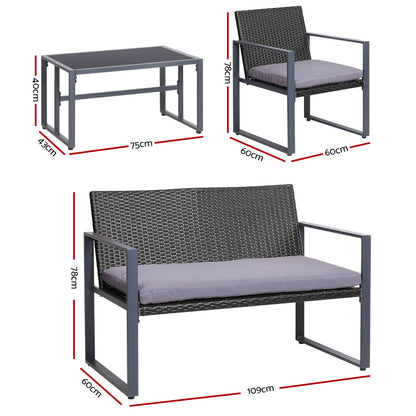 4 Pcs Outdoor Sofa Set Rattan Furniture Glass Top Table Chairs Black