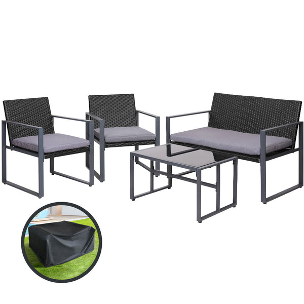  4 Pcs Outdoor Sofa Set Rattan Furniture With Storage Cover Chairs Black