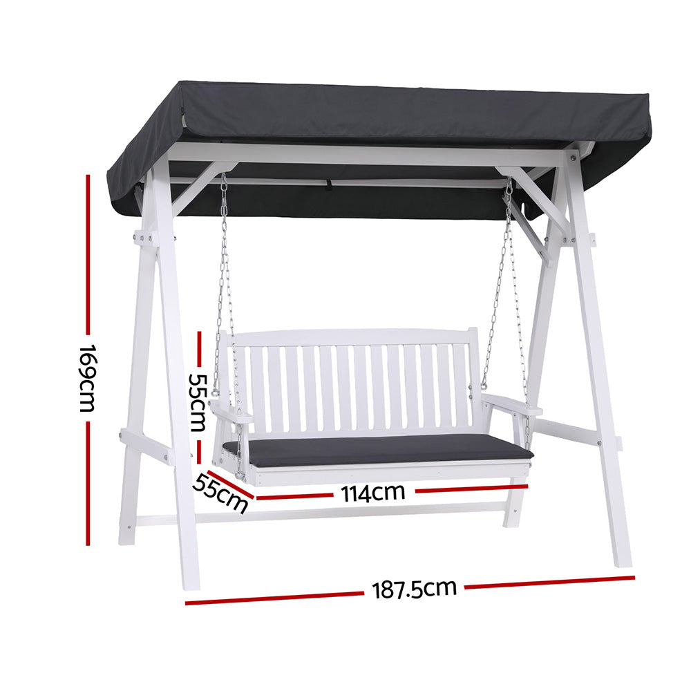 Outdoor Wooden Swing Chair Garden Bench Canopy Cushion 3 Seater White