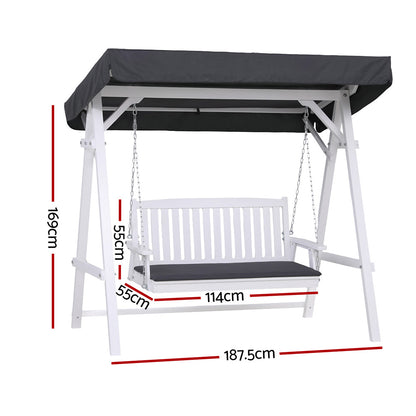 Outdoor Wooden Swing Chair Garden Bench Canopy Cushion 3 Seater White