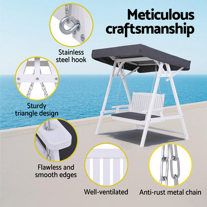 Outdoor Wooden Swing Chair Garden Bench Canopy Cushion 3 Seater White