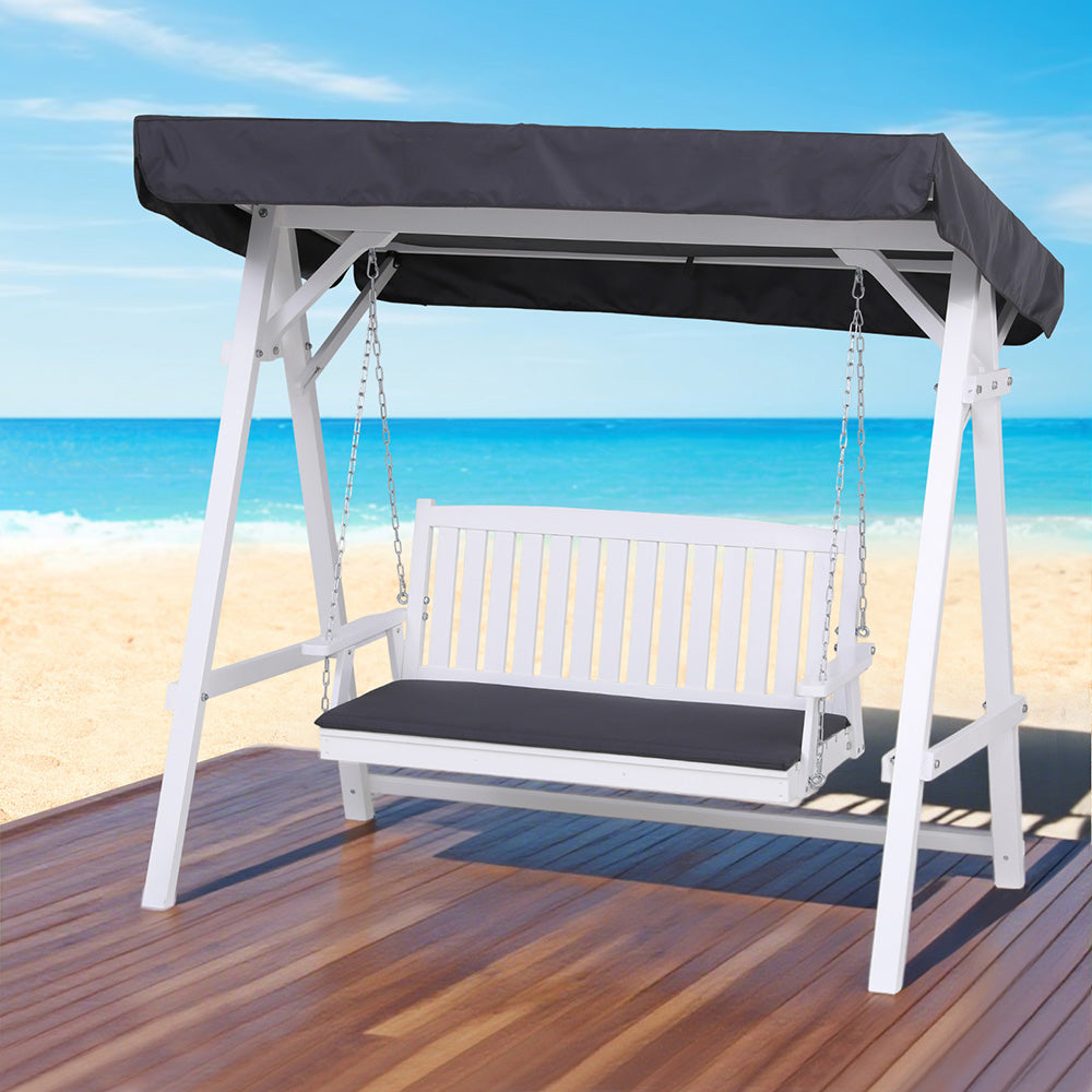 Outdoor Wooden Swing Chair Garden Bench Canopy Cushion 3 Seater White