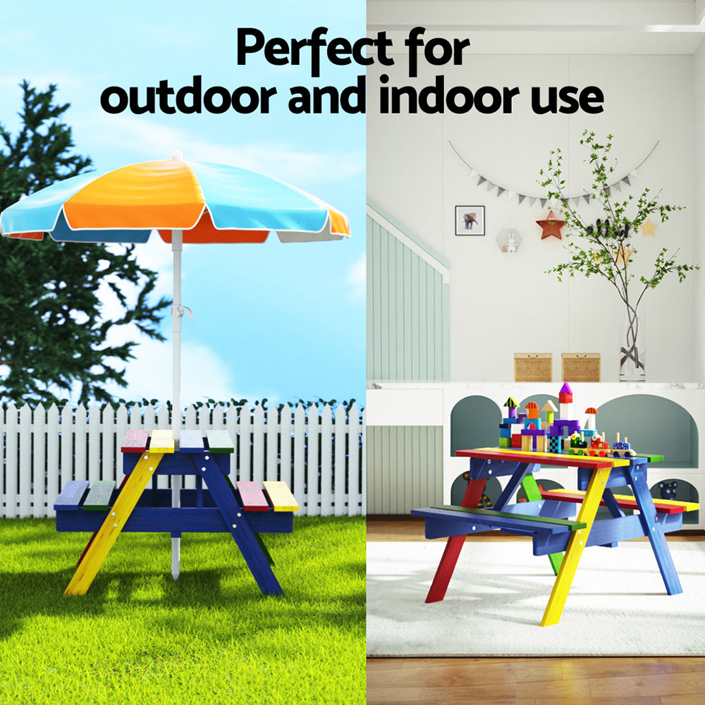 Kids Outdoor Table And Chairs Picnic Bench Seat Umbrella Colourful Wooden