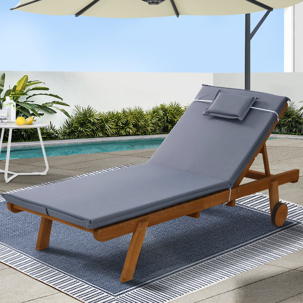  Sun Lounge Wooden Lounger Outdoor Furniture Day Bed Wheels Patio Grey