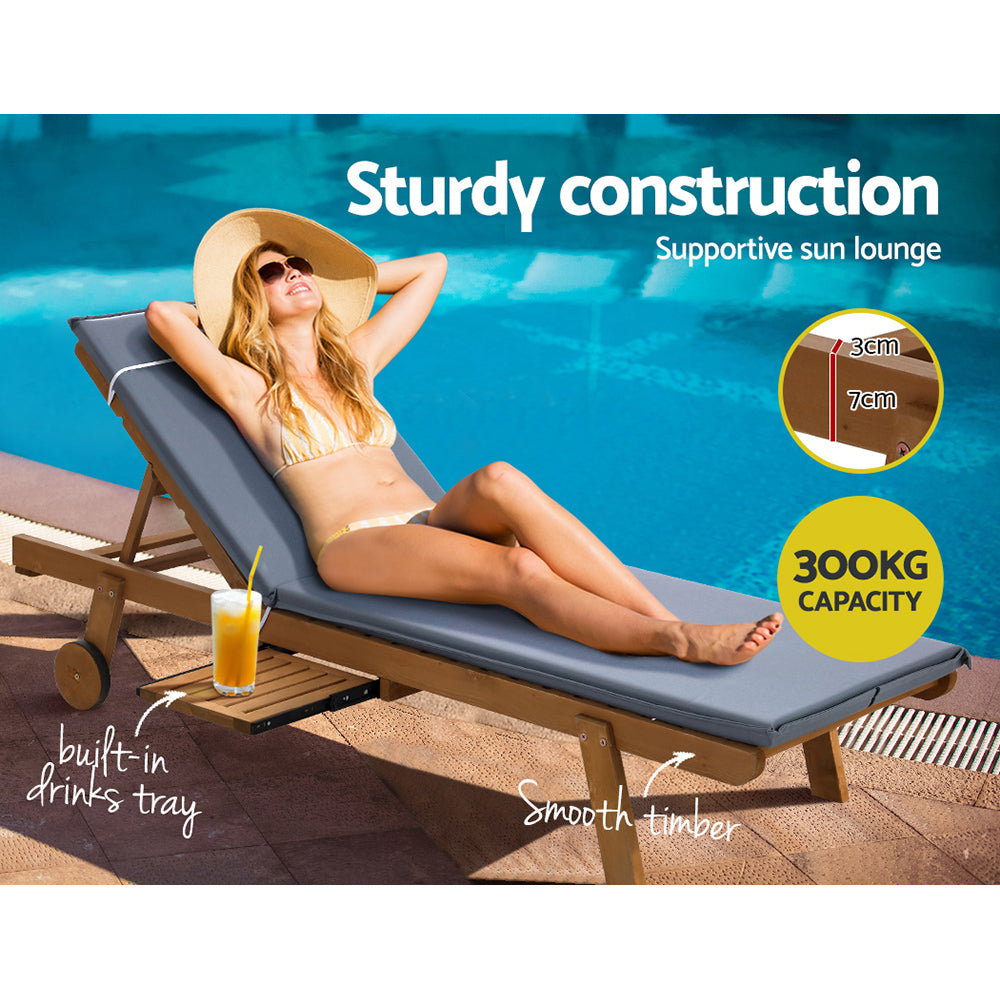 2X Sun Lounge Wooden Lounger Outdoor Furniture Day Bed Wheel Patio Grey