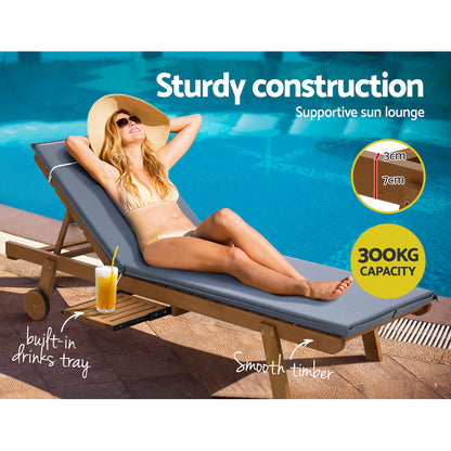 2X Sun Lounge Wooden Lounger Outdoor Furniture Day Bed Wheel Patio Grey
