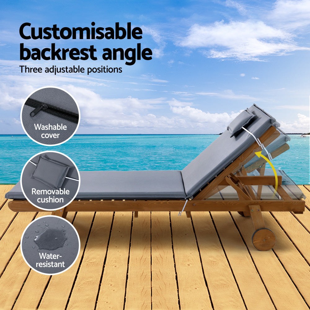2X Sun Lounge Wooden Lounger Outdoor Furniture Day Bed Wheel Patio Grey