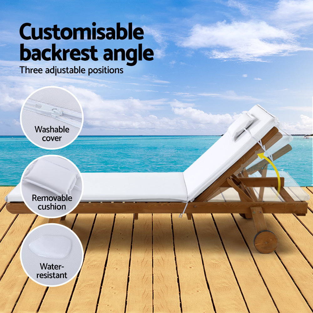 2X Sun Lounge Wooden Lounger Outdoor Furniture Day Bed Wheel Patio White