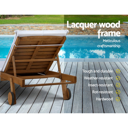 2X Sun Lounge Wooden Lounger Outdoor Furniture Day Bed Wheel Patio White