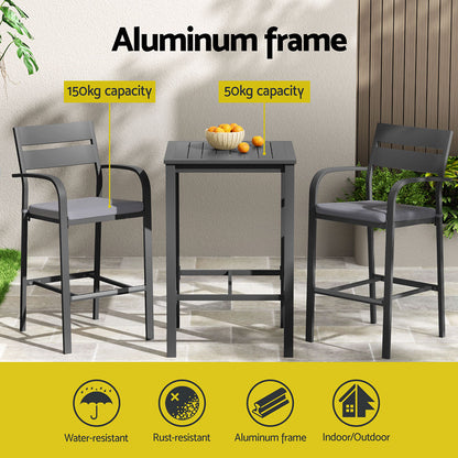  3Pcs Outdoor Bar Set Stools Dining Chairs Table Patio Aluminium Bistro Set Black