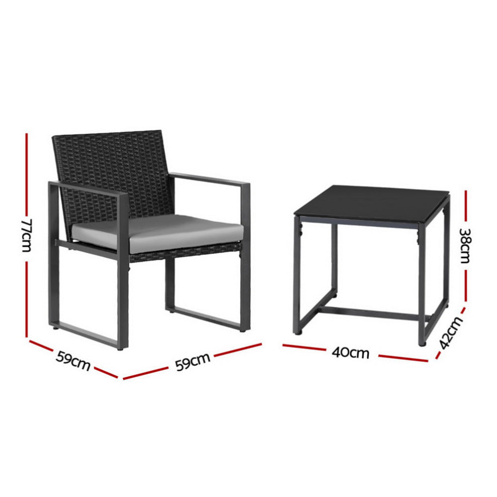  3PC Outdoor Bistro Set Patio Furniture Wicker Dining Chairs Table Cushion Black