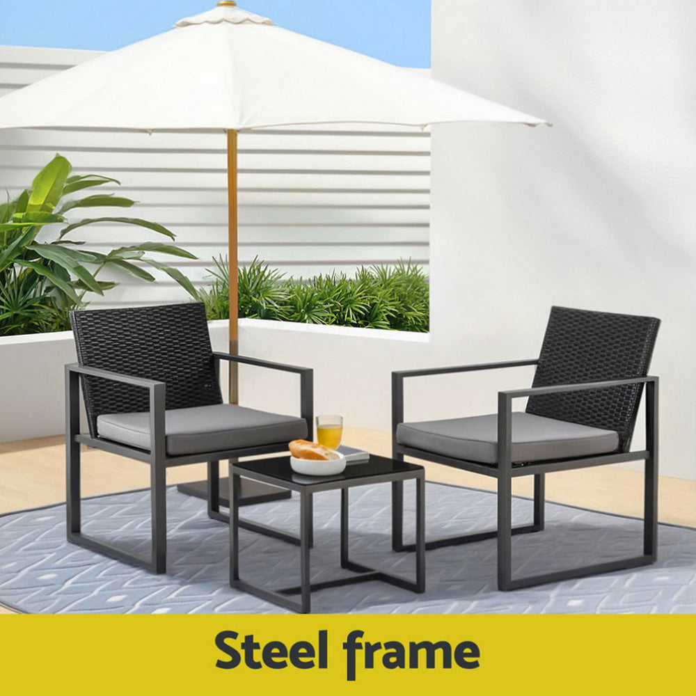  3PC Outdoor Bistro Set Patio Furniture Wicker Dining Chairs Table Cushion Black