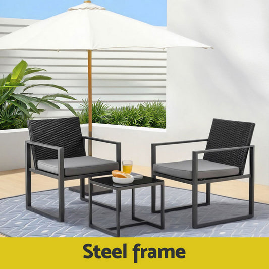  3PC Outdoor Bistro Set Patio Furniture Wicker Dining Chairs Table Cushion Black