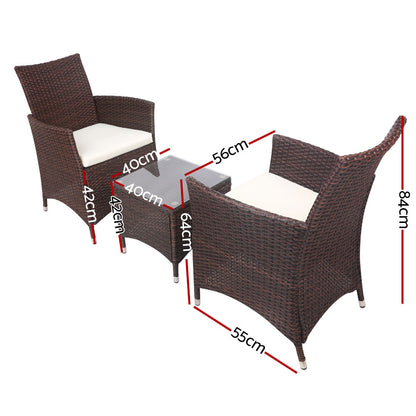 3Pc Outdoor Bistro Set Patio Furniture Wicker Setting Chairs Table Cushion Brown