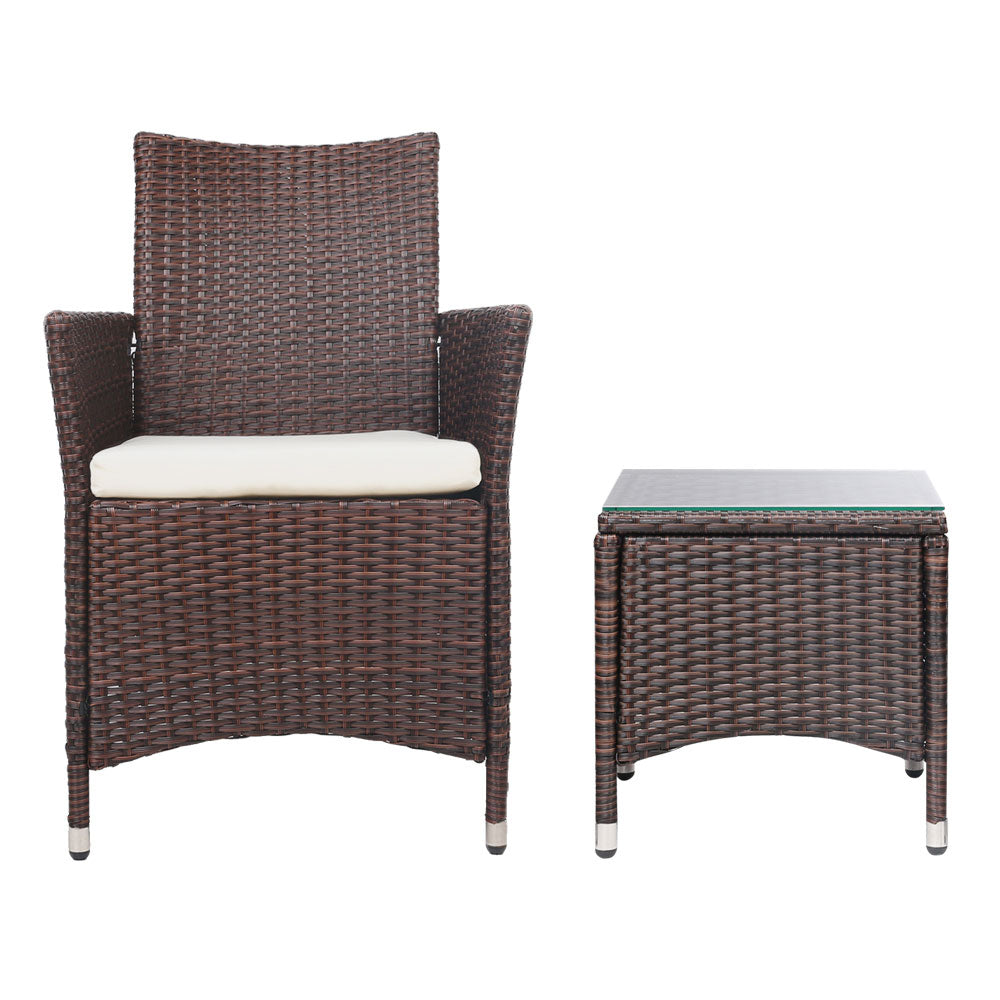 3Pc Outdoor Bistro Set Patio Furniture Wicker Setting Chairs Table Cushion Brown