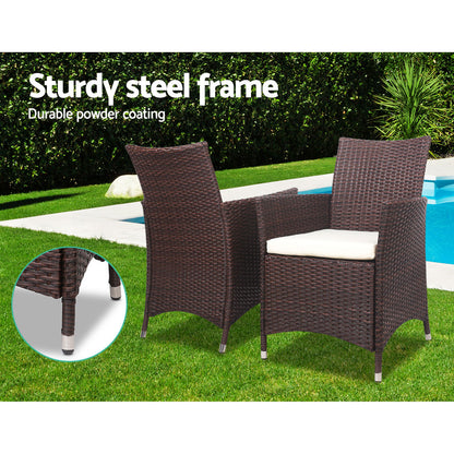 3Pc Outdoor Bistro Set Patio Furniture Wicker Setting Chairs Table Cushion Brown
