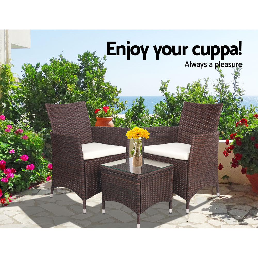 3Pc Outdoor Bistro Set Patio Furniture Wicker Setting Chairs Table Cushion Brown