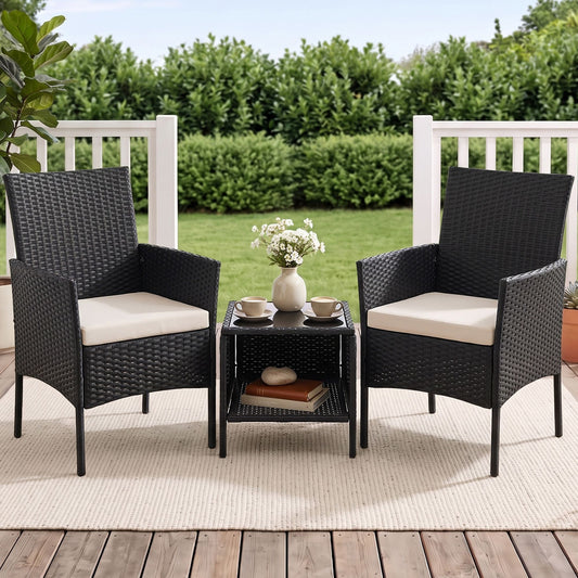 3Pc Outdoor Bistro Set Patio Furniture Wicker Chairs Table Cushion All Black