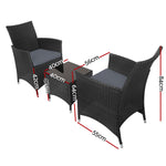 3Pc Outdoor Bistro Set Patio Furniture Wicker Chairs Table Cushion All Black