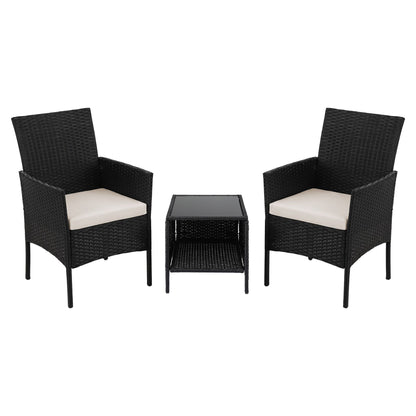 Gardeon 3PC Outdoor Bistro Set Patio Furniture Wicker Chairs Table Cushion All Black