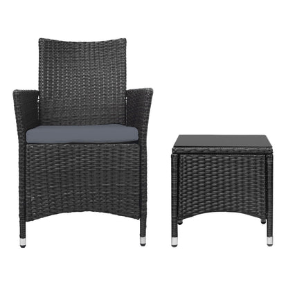3Pc Outdoor Bistro Set Patio Furniture Wicker Chairs Table Cushion All Black