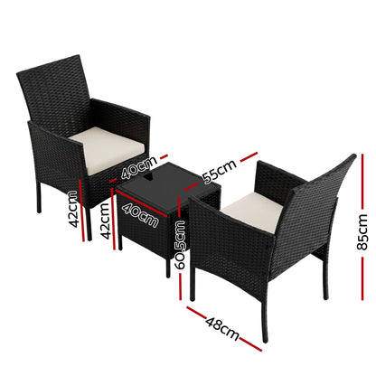 Gardeon 3PC Outdoor Bistro Set Patio Furniture Wicker Chairs Table Cushion All Black