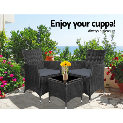 3Pc Outdoor Bistro Set Patio Furniture Wicker Chairs Table Cushion All Black
