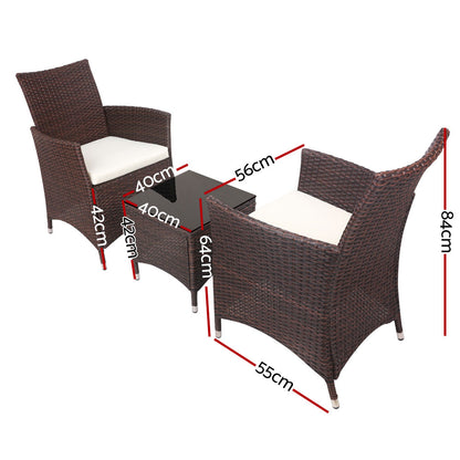 3pc Rattan Bistro Wicker Outdoor Furniture Set Brown