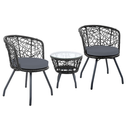 3Pc Bistro Set Outdoor Furniture Rattan Table Chairs Patio Garden Cushion Black